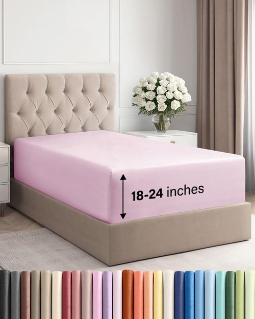 Extra Deep Twin Fitted Sheet - Hotel Luxury Single Fitted Sheet Only - Easily Fits 18 inch to 24 inch Mattress - Ultra Soft, Wrinkle & Fade Free w/Extra Deep Pockets - Breathable & Comfy - Light Pink