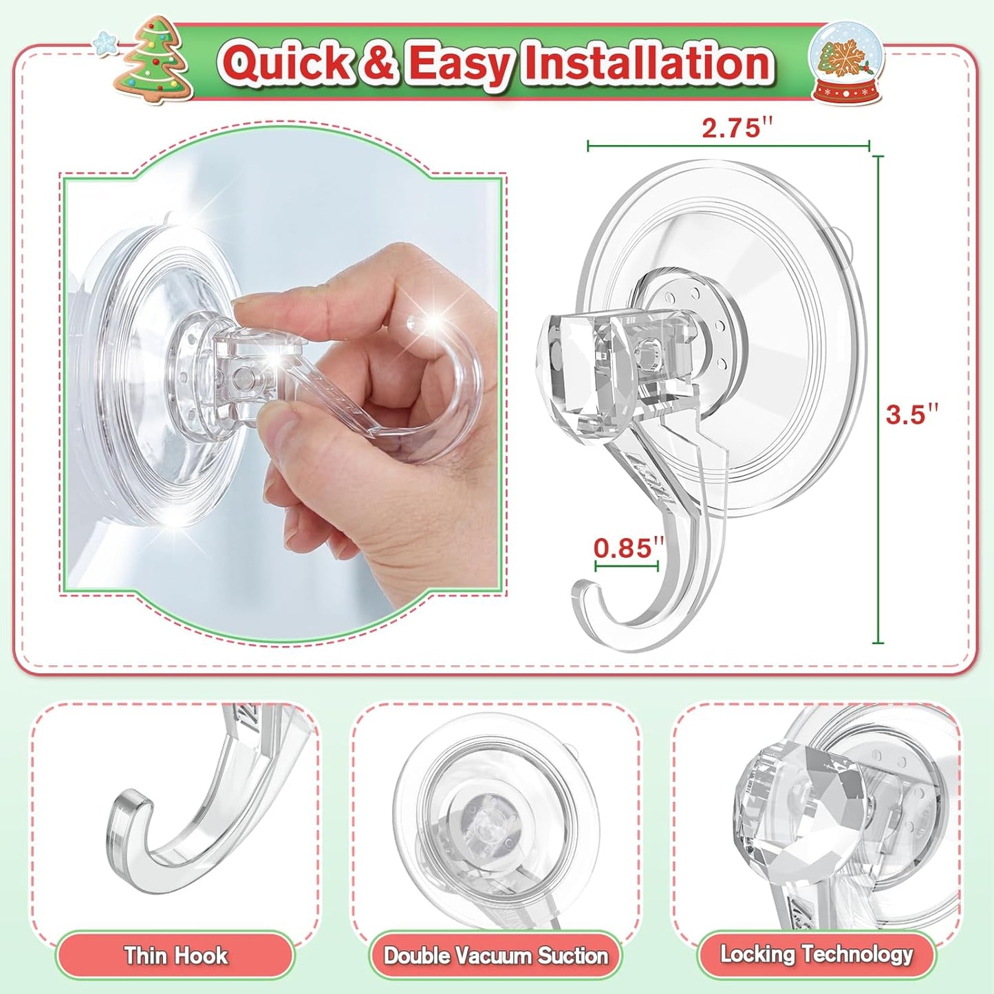 VIS'V Wreath Hanger - Heavy Duty Suction Cup Hooks | 22 LB Capacity, Removable & Reusable, Clear, 8 Pcs