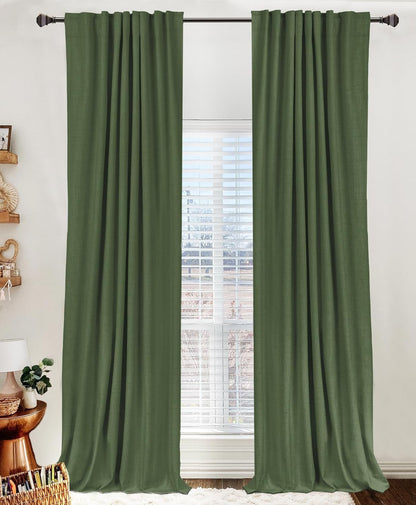 Skiennix 100% Blackout Linen Curtains - Thermal Insulated Drapes, 50" W x 108" L, Moss Green - 2 Panels Set