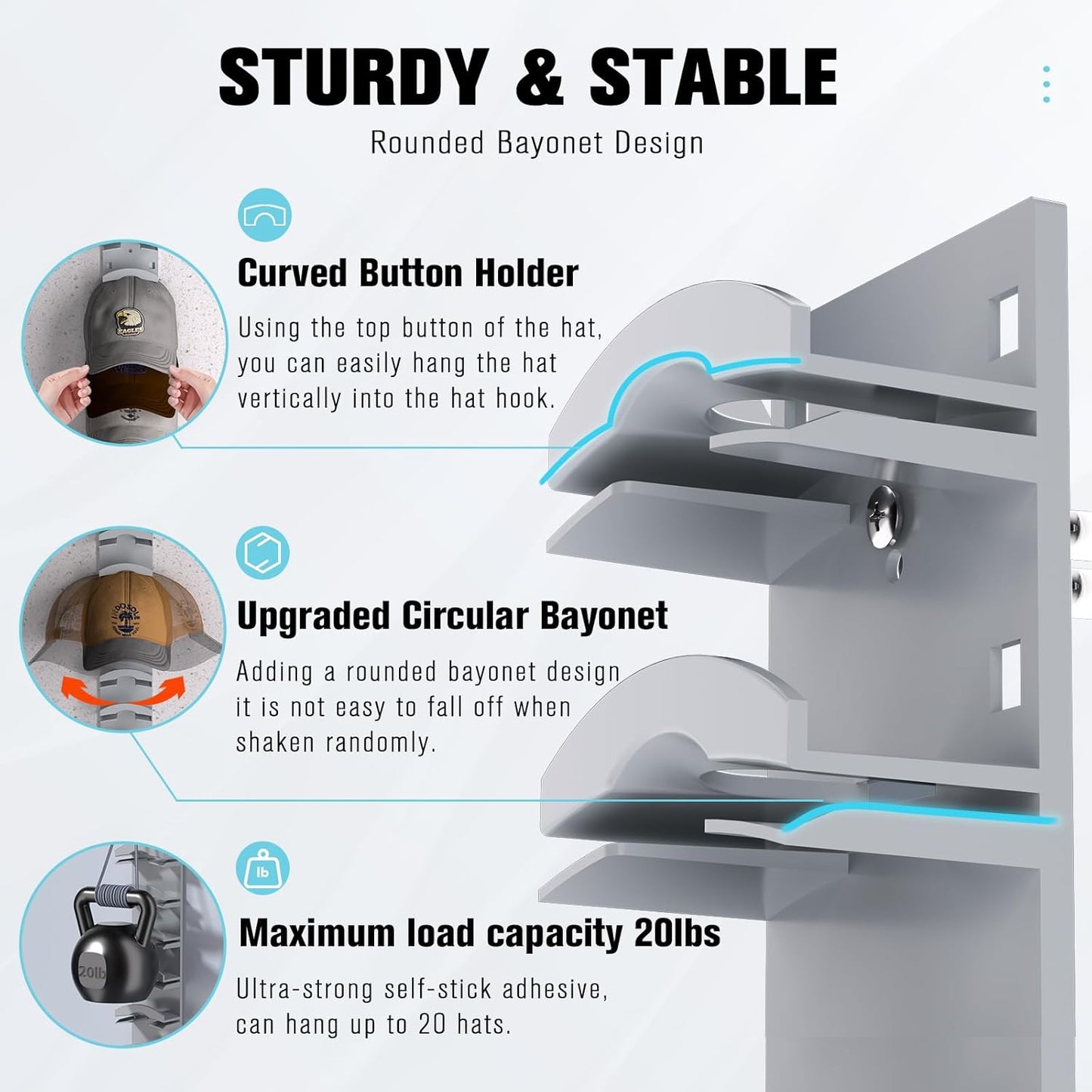 Skiennix Hat Organizer - Wall-Mounted Cap Rack with Strong Adhesive | Holds Up to 20 Hats, Grey