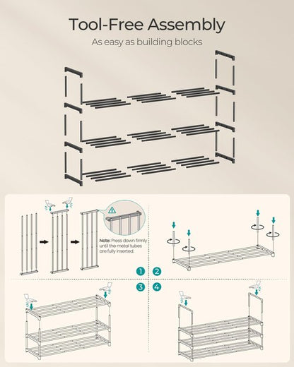 SONGMICS Shoe Rack, 3-Tier Shoe Organizer, Metal Storage Shelf, Upright or Upside Down, for 16-20 Pairs, Stackable, for Entryway, 11.8 x 36.2 x 21.7 Inches, Black ULSA303B02