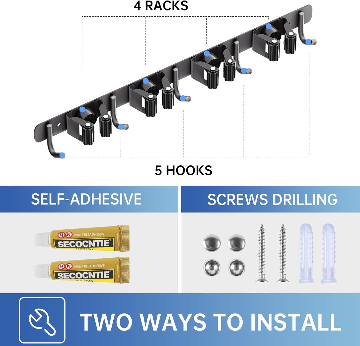 ZONGOOL Wall Mount Broom Holder - 4 Racks & 5 Hooks for Home Organization | Black Metal Tool Organizer