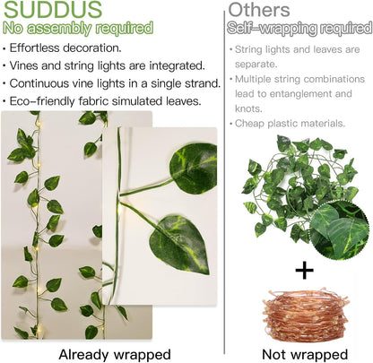 Suddus Vines with Lights - 20 LED Battery Operated Fairy Lights | 6.56FT Pothos String Lights for Bedroom, Garden, Party Decor (Warm White)