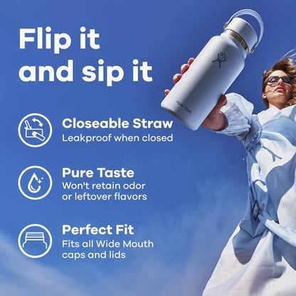 Hydro Flask Water Bottle - Insulated Stainless Steel - 32 Oz Cascade Blue with Wide Straw Lid & Leakproof Design