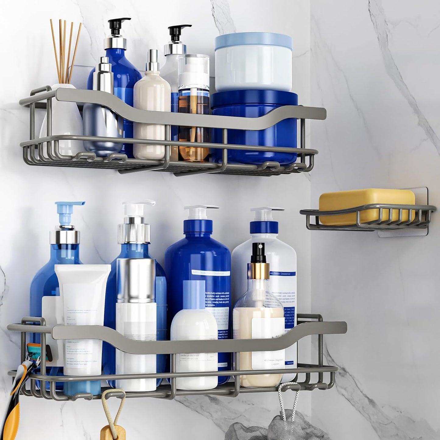 OMAIRA Shower Caddy - 3-Pack Adhesive Rustproof Organizer for Smooth Walls & Glass Tiles - Grey (X-Large)
