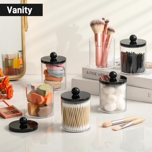 Clear & Black Acrylic Qtip Holder Dispenser | 8 Pack Cotton Swab Storage Canister Set - Bathroom Essentials