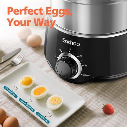 CACHOO 14-Egg Stainless Steel Hard Boiled Egg Cooker - Rapid Cooking with Timer & Auto Shut Off | Compact & Dishwasher Safe, Black