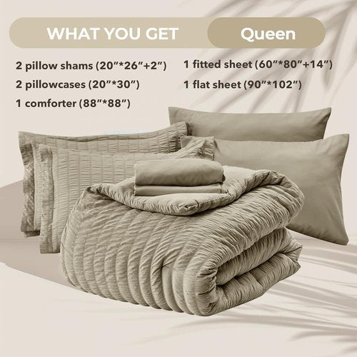 HYMOKEGE Queen Comforter Set - 7-Piece Luxury Linen Bedding Set with Seersucker Design | All-Season Comfort