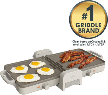 Bella Ceramic Fold-N-Store Dual Temp Griddle - Nonstick Coating, 2 Temp Zones, 10"x20", Oatmilk Color