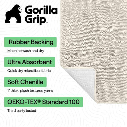 GORILLA GRIP Bath Rug Mat - Thick Soft Absorbent Chenille | Quick Dry Microfiber, 24x17, Ivory