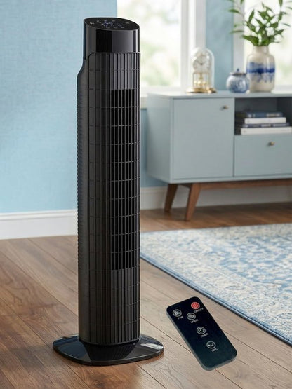 Uthfy 31”Tower Fan for Bedroom, 120° Oscillating Electric Bladeless Fan with Remote, 3 Speeds, 3 Modes, 7.5H Timer, 26ft/s Velocity Quiet Standing Fan for Home, Office, Living Room, Black
