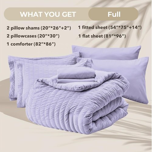 HYMOKEGE Comforter Set - Light Purple Seersucker Luxury Bedding | 7-Piece All-Season Bed in a Bag
