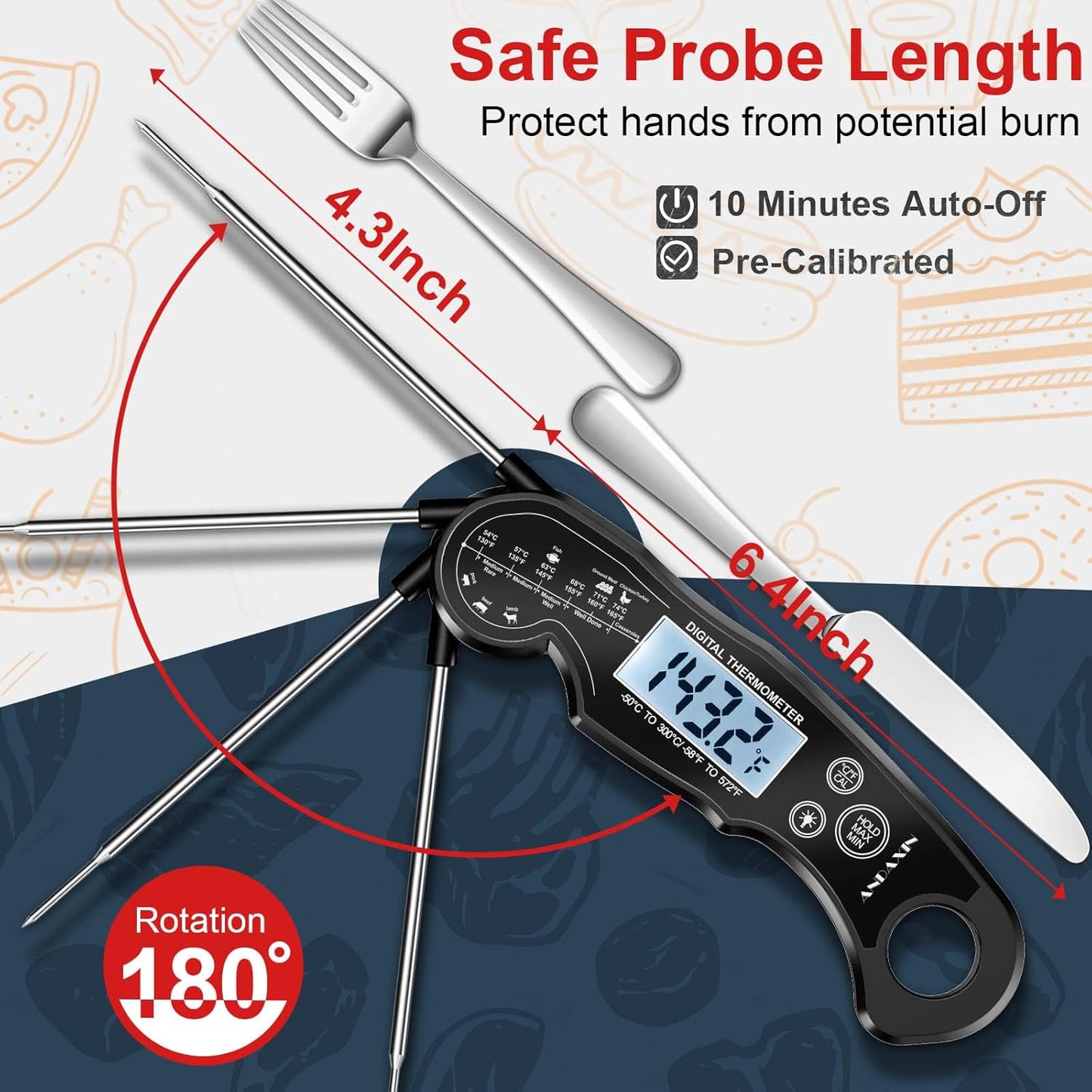 Meat Thermometer Digital - Instant Read Cooking Thermometer with Backlight LCD & Calibration