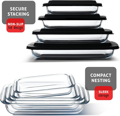 Nestl 8pc Glass Baking Dishes Set - Leakproof Oven & Microwave Safe Food Storage Containers | 9x13 Lasagna Pan