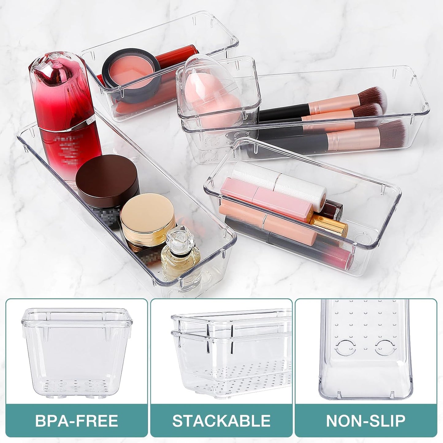 StorMiracle 16 PCS Drawer Organizer Set - Versatile Clear Storage Bins for Bathroom & Kitchen | Makeup, Jewelry, Utensils