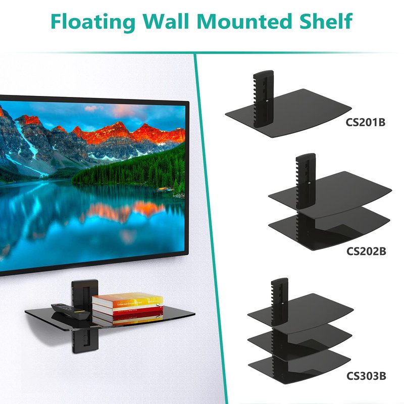 WALI Floating TV Shelf, 1 Tier Glass Projector Shelf for DVD Players, Routers, Game Consoles, Cable Boxes, Living Room Decor, Wall Mount Shelves Hold Up to 17.6lbs (CS201B), 1-Shelf, Black