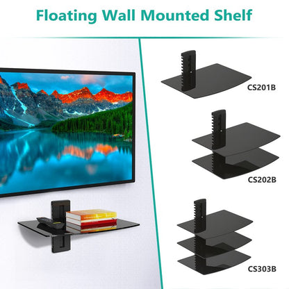 WALI Floating TV Shelf, 1 Tier Glass Projector Shelf for DVD Players, Routers, Game Consoles, Cable Boxes, Living Room Decor, Wall Mount Shelves Hold Up to 17.6lbs (CS201B), 1-Shelf, Black