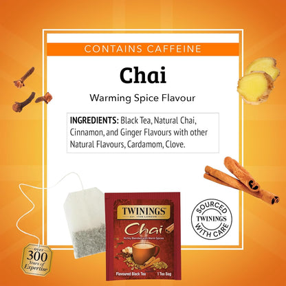 Twinings Chai Black Tea - Individually Wrapped Bags, 25 Count (Pack of 6) | Sweet & Savory Spices, Caffeinated