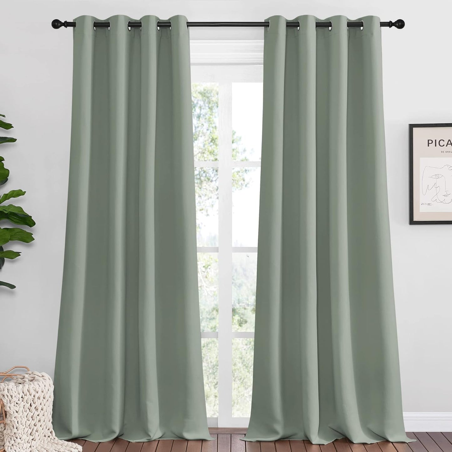 NICETOWN Greyish Green Blackout Curtains - 90" Long, Sound Reducing & Heat Blocking | 55" Wide, 2 Panels