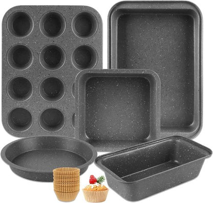 Grey Marble Nonstick Baking Pans Set by [Brand Name] - 5 Piece Stackable Carbon Steel Bakeware with 100 Cupcake Liners for Home Baking