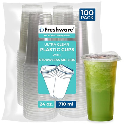 Freshware 24 oz Clear Disposable Plastic Cups - Heavy-Duty Tumblers with Strawless Sip Lids | 100 Pack for Parties