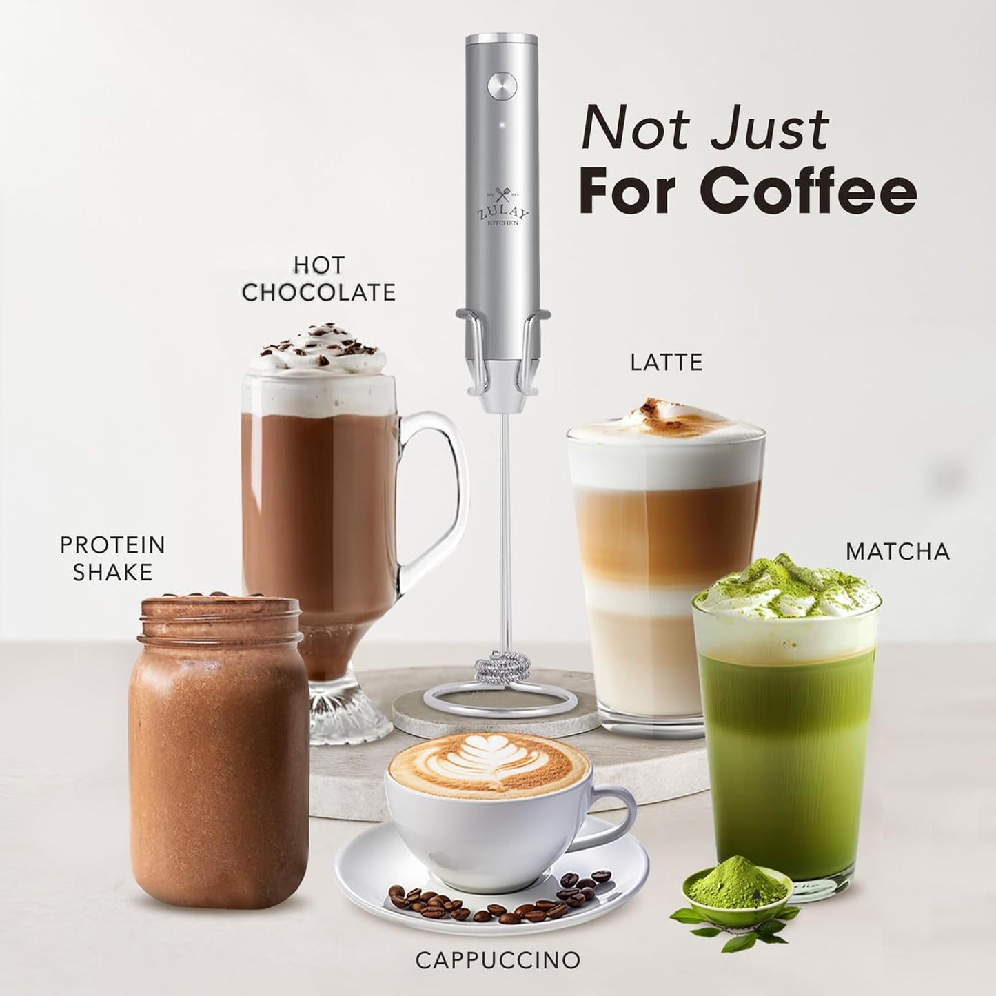 Zulay Kitchen Rechargeable Milk Frother Handheld - Lux 4 Whisks, Powerful 2-Speed Motor, Waterproof, 2000mAh Battery - Drink Mixer for Latte, Cappuccino, Matcha & Protein Powder - Silver