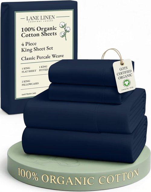 LANE LINEN 100% Organic Cotton King Sheet Set - Fully Elasticized, Fade Resistant, Naturally Cooling, Soft Navy Bedding