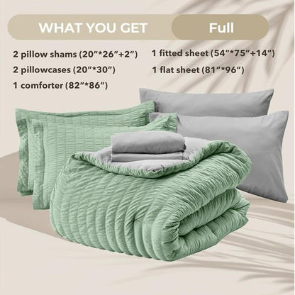 HYMOKEGE Full Size Comforter Set - Luxury 7-Piece Bedding Set in Sage Green & Light Grey for All Seasons