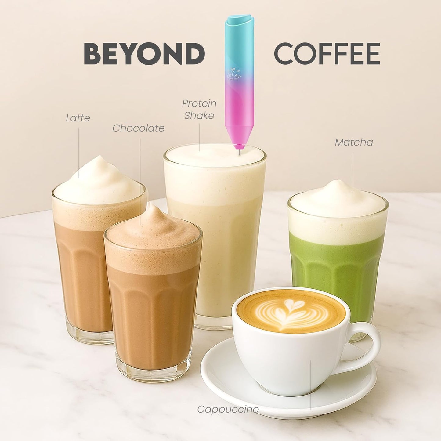 Zulay Kitchen Powerful Milk Frother Wand - Handheld Stainless Steel - Battery Operated Drink Mixer for Coffee, Lattes, Cappuccino, Matcha - Froth Mate Frother Gift - Teal Pink Fade