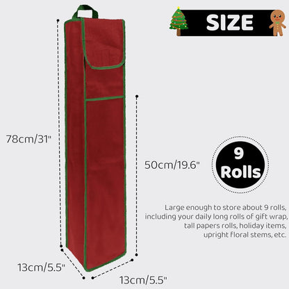 OUTTDID Wrapping Paper Storage Bag - 31" Gift Organizer with Pocket for 9 Standard Rolls - Red