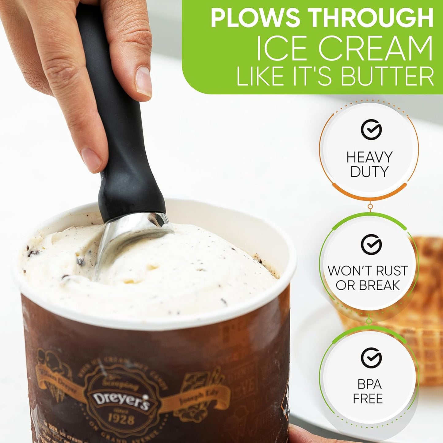 Spring Chef Heavy Duty Ice Cream Scoop - Comfortable Handle for Gelato, Sorbet & More | Dishwasher Safe Metal - Black