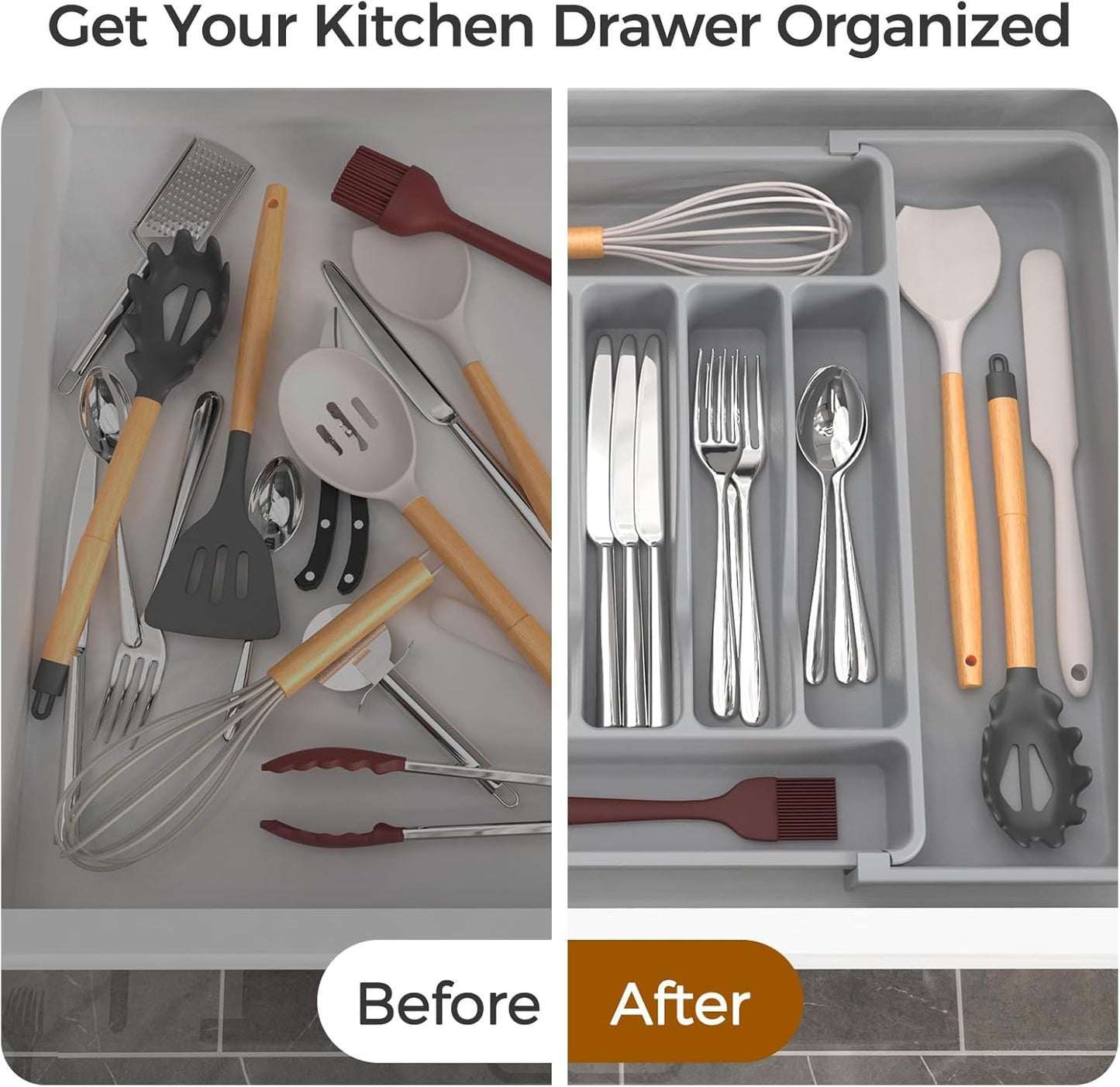Ukeetap Extra Large Expandable Silverware Organizer - BPA-Free Cutlery Holder for Kitchen Drawers | Gray