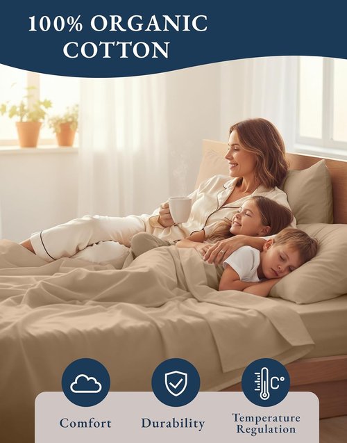 LANE LINEN 100% Organic Cotton Sheets Set - Ultra Soft Long-Staple Percale | GOTS Certified, King Size, Taupe