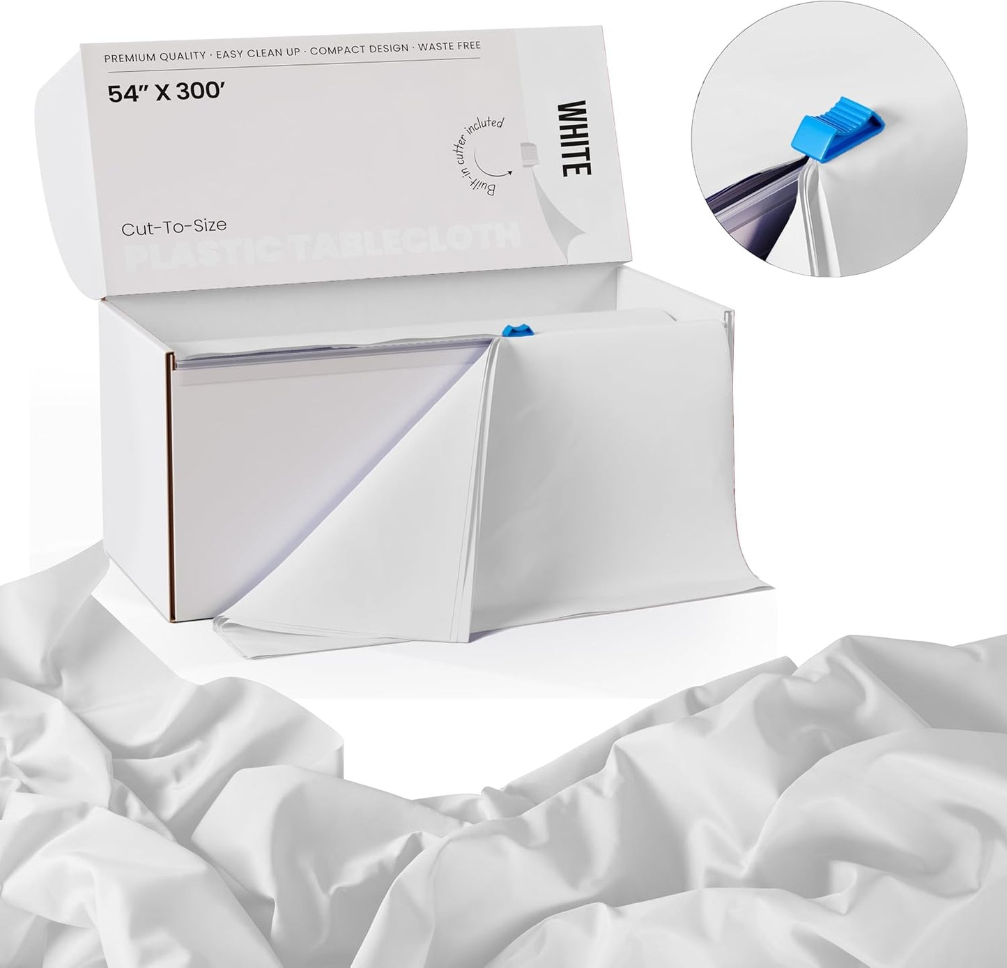 Party Solids | 54-Inch X 300-Feet White Plastic Table Cover Roll - Convenient Slide Cutter Included