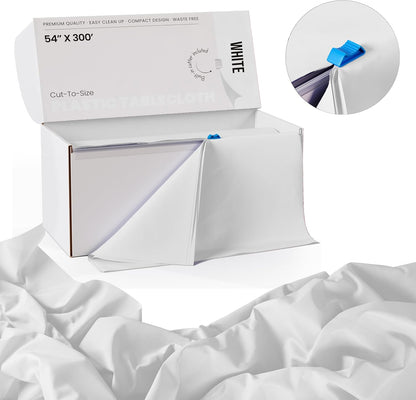 Party Solids | 54-Inch X 300-Feet White Plastic Table Cover Roll - Convenient Slide Cutter Included