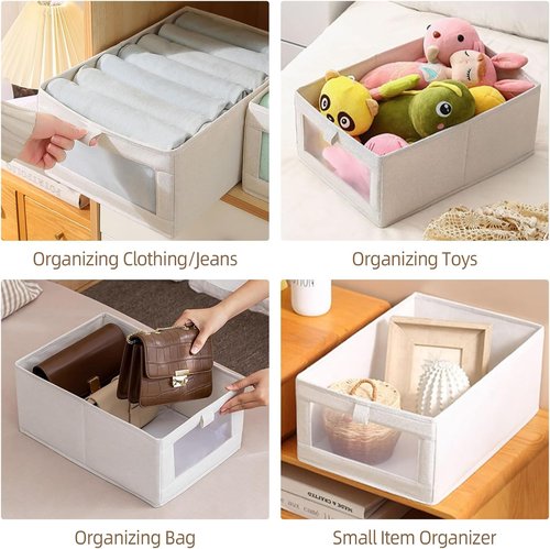 Linen Closet Organizers - 8 Pack Foldable Storage Bins with Clear Window for Clothing & Jeans