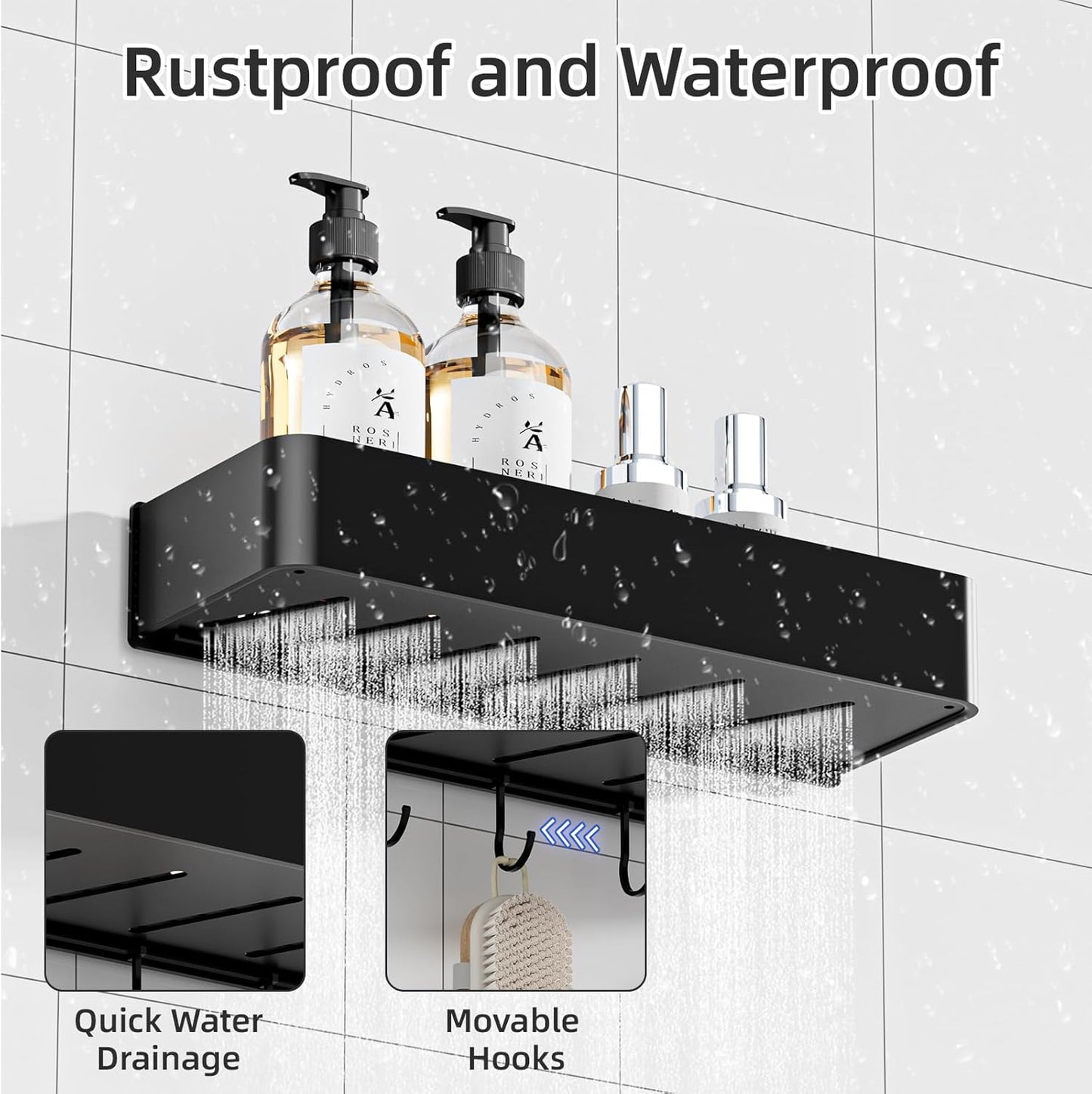 Wisfame Shower Caddy - No Drill Rustproof Bathroom Shelf | Large Capacity Aluminum Organizer with 5 Hooks - Black