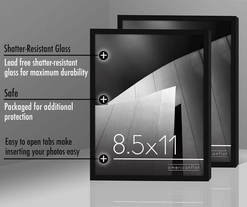 Americanflat 8.5x11 Picture Frame - Shatter-Resistant Glass, Set of 2 - Thin Border for Tabletop & Wall - Black