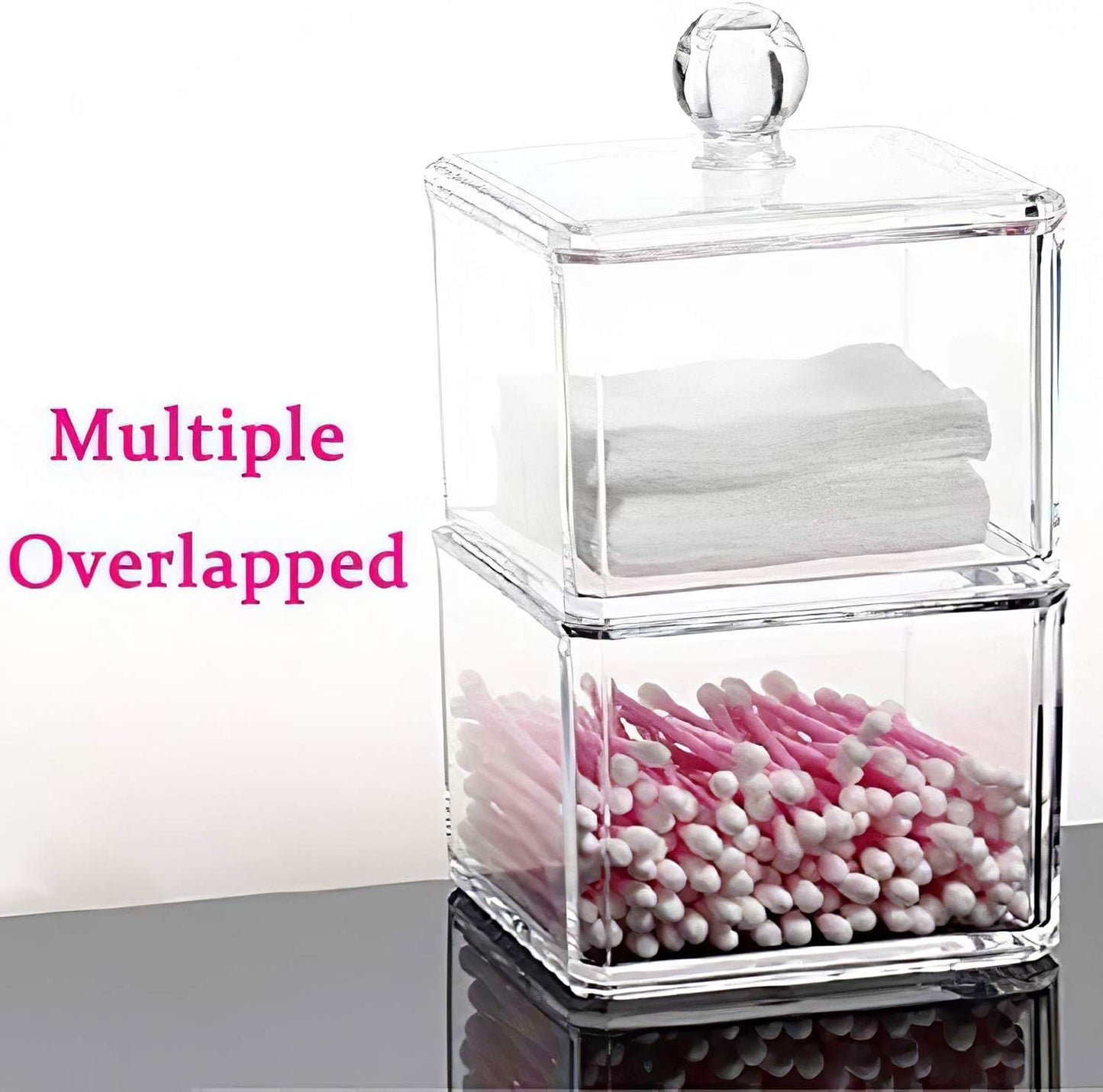 Skiennix Stackable Square Acrylic Cotton Ball Holder - Elegant Q-Tip Dispenser for Bathroom | Single Pack