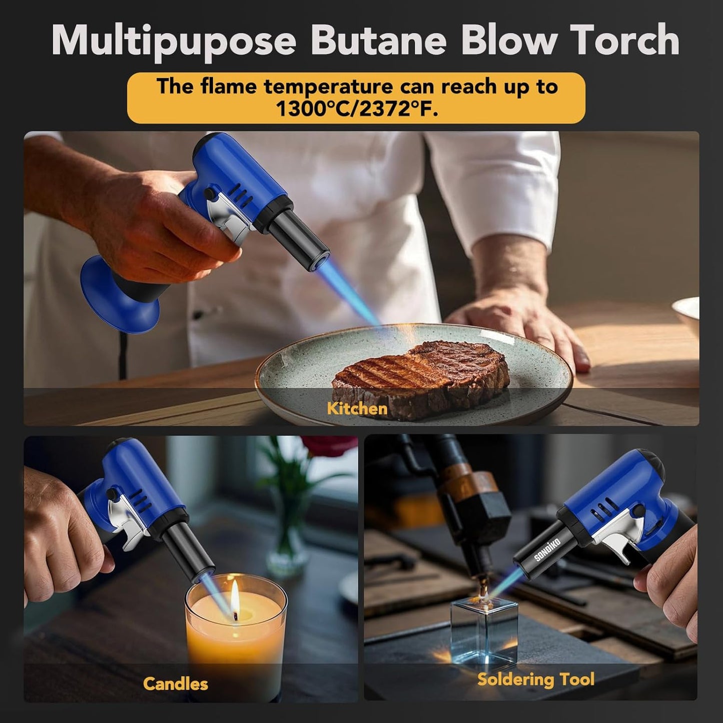Sondiko Butane Torch - Adjustable Kitchen & BBQ Lighter for Welding | Blue & Black Design