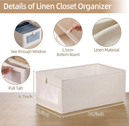 Skiennix Linen Closet Organizers - 6 Pack Foldable Storage Bins with Clear Window for Clothing & Jeans