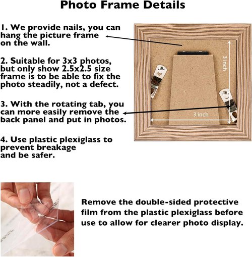 JCJMY 3x3 Picture Frame - Sturdy Rustic Brown Tabletop Frame with Shatter-Resistant Plexiglass