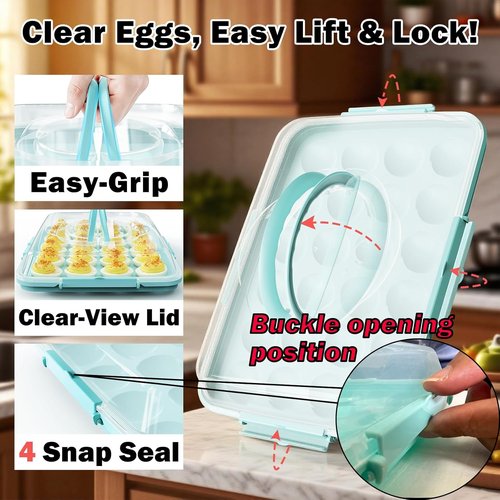Deviled Egg Containers - 24 Count Reusable Platter with Lid & Handle for Parties | Blue
