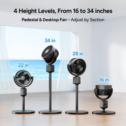 DR.PREPARE Compact Pedestal Fan for Bedroom, Small-Medium Air Circulator Standing Fan, 16-34" Adjustable Height, 70°Auto-Oscillation, 90° Up+10° Down Tilt, 3 Speeds for Small-Medium Office, Home
