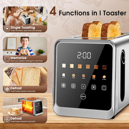 Skiennix Touch Screen Toaster - 2 Slice Stainless Steel Smart Toaster with Memory Function & 6 Shade Settings, 1.5" Wide Slot