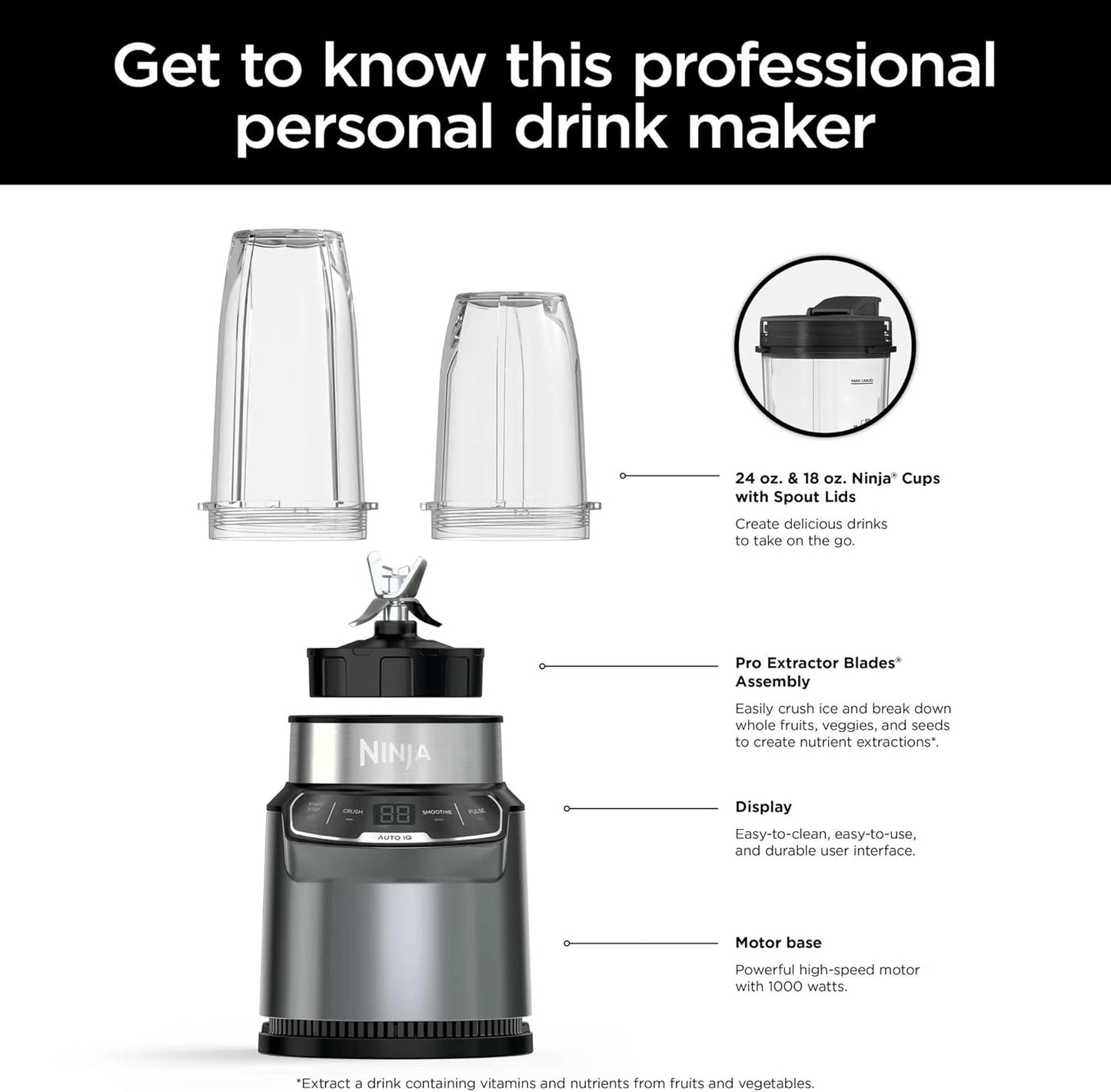 Ninja BN400 Nutri Pro Compact Personal Blender - Auto-iQ Technology, 1000W, Includes 18oz & 24oz To-Go Cups, Stone Silver