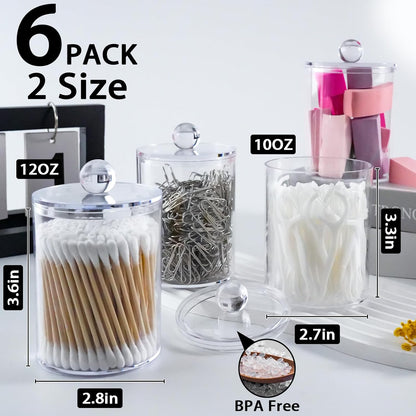 XIPENGKEJI Qtip Holder Set - 6 Pack Apothecary Jars with Lids for Cotton Swabs & Pads | Clear 10oz-12oz