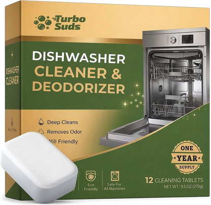 Turbo Suds Dishwasher Cleaner and Deodorizer XL Tablets – Heavy-Duty Descaler & Odor Remover for Hard Water, Removes Spots & Residue, Enhance Drying & Shine, 12 Pack (1 Year Supply)