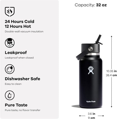 Hydro Flask Water Bottle - Insulated Stainless Steel with Wide Straw Lid - 32 Oz Fossil Brown, Leakproof