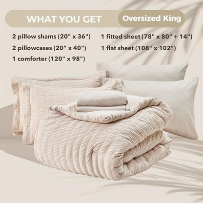 HYMOKEGE King Comforter Set - Beige Oversized 7-Piece Luxury Bedding Set with Sheets & Pillowcases